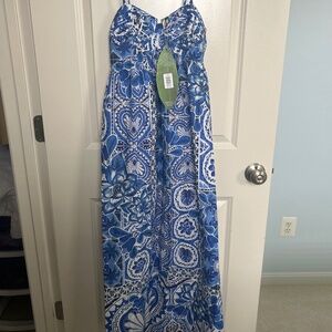 Farm Rio blue tile dream sleeveless maxi dress